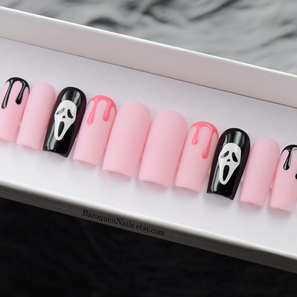 Pink Ghostface Press On Nails Halloween Horror Movie Nail Art Handmade Gel Nails